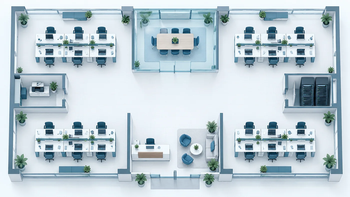 Illustrated office with workspaces, a printer area, meeting room and network equipment